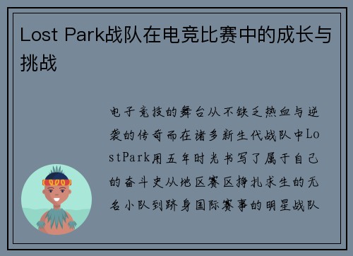 Lost Park战队在电竞比赛中的成长与挑战